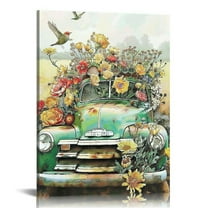 ONETECH Farm Truck Flowers Bathroom Wall Art Country Hummingbirds Farmhouse Floral Pictures Wall Decor Rustic Canvas Print Painting Decorations Framed Artwork for Living Room Bathroom Bedroom