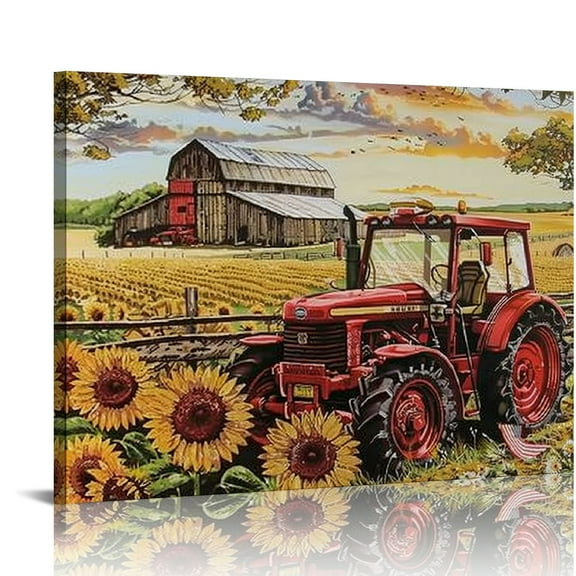 ONETECH Farmhouse Canvas Wall Art Red Old Tractor Picture Kitchen Wall Decor Rustic Sunflowers Country Painting for Bedroom Bathroom Living Room Prints Artwork Framed 20x16in
