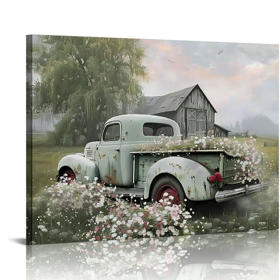 ONETECH Farmhouse Truck Wall Art - Old Truck Canvas Prints, Barn Pictures Wall Art for Rustic Home Decor, Rustic Landscape Canvas Painting, Red Car Posters Framed Artwork  20x16in