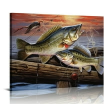 ONETECH Fish Wall Art Fishing Wall Decor Bass Fish Pictures Canvas Print Painting Modern Home Framed Artwork For Living Room Bathroom Bedroom
