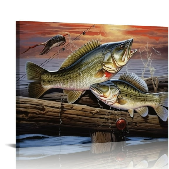 ONETECH Fish Wall Art Fishing Wall Decor Bass Fish Pictures Canvas Print Painting Modern Home Framed Artwork For Living Room Bathroom Bedroom