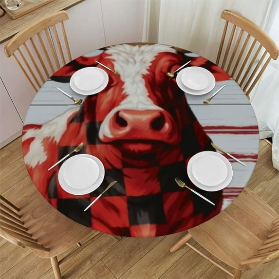 ONETECH Fitted Table Round Cover Elastic Edged Tablecloth,Christmas Farm Rooster Pig Cow Circle Tables Cover Waterproof Wipeable Tabletop Protector Cloth for Dinner Party Retro Wood Buffalo Black