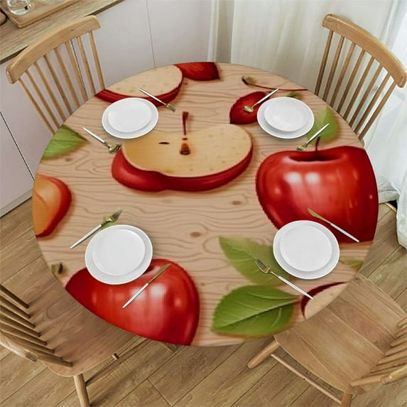 ONETECH Fitted Tablecloth Apple Elastic Edge Stain Resistant Washable Polyester 36-42 Inch Summer Tablecloth Fruit Round Outdoor Tablecloth