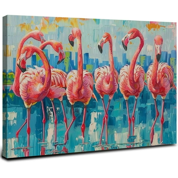 ONETECH Flamingo Bedroom Wall Decor Painting: A Flock of Pink Flamingo Wall Art Canvas for Bathroom with Frame Ready to Hang 20x16inch
