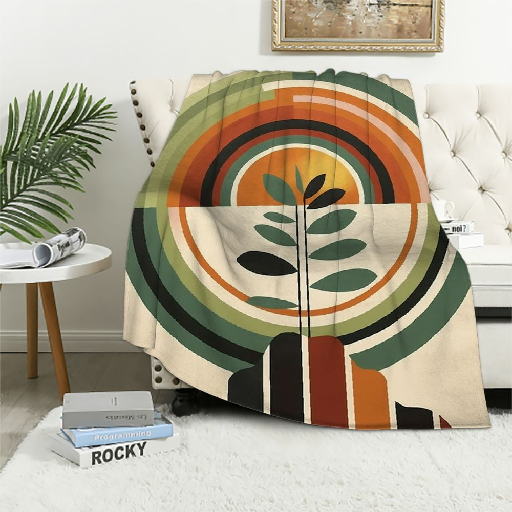 Flannel Throw Blanket Mid Century Abstract Colorful Plants