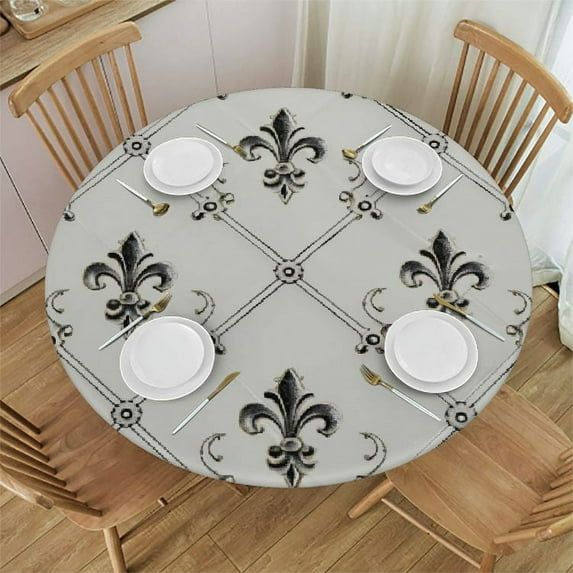 ONETECH  Fleur De Lis Tablecloth, Shabby Form Style Damask Pattern with Vintage Geometric Diamond Lines, Table Cover for Dining Room Kitchen Decor,  White Charcoal