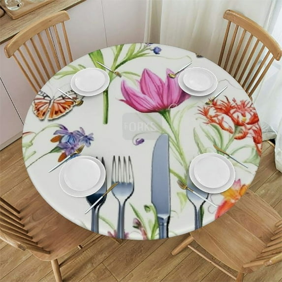 ONETECH Floral Hummingbird Table Cloths Spring Wild Flower Bird Butterfly Round Tablecloth Polyester Fabric with Elastic Edged Picnic Table Cover Waterproof