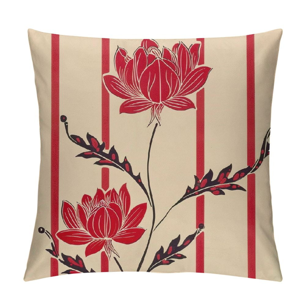 Floral Pillowcases Red Lotus Flower Lines Stripes Throw Pillow