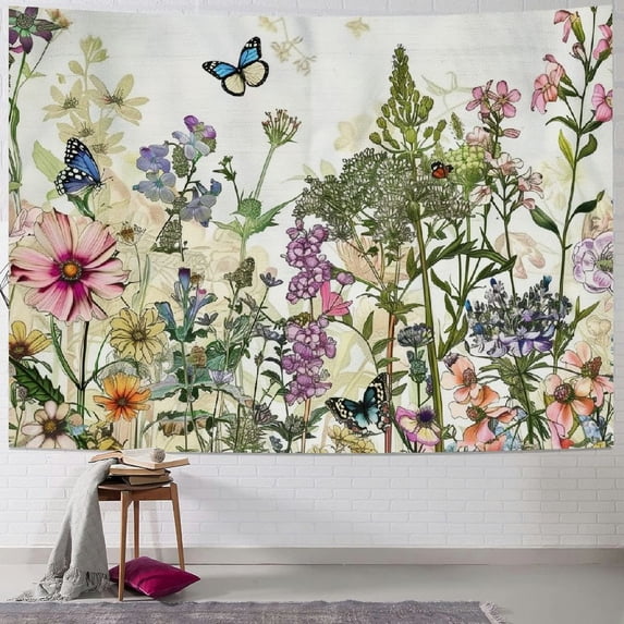 ONETECH  Floral Plant Tapestry Colorful Herb Tapestries Wild Flower Plants Tapestry Nature Scenery Butterfly Tapestries for Room