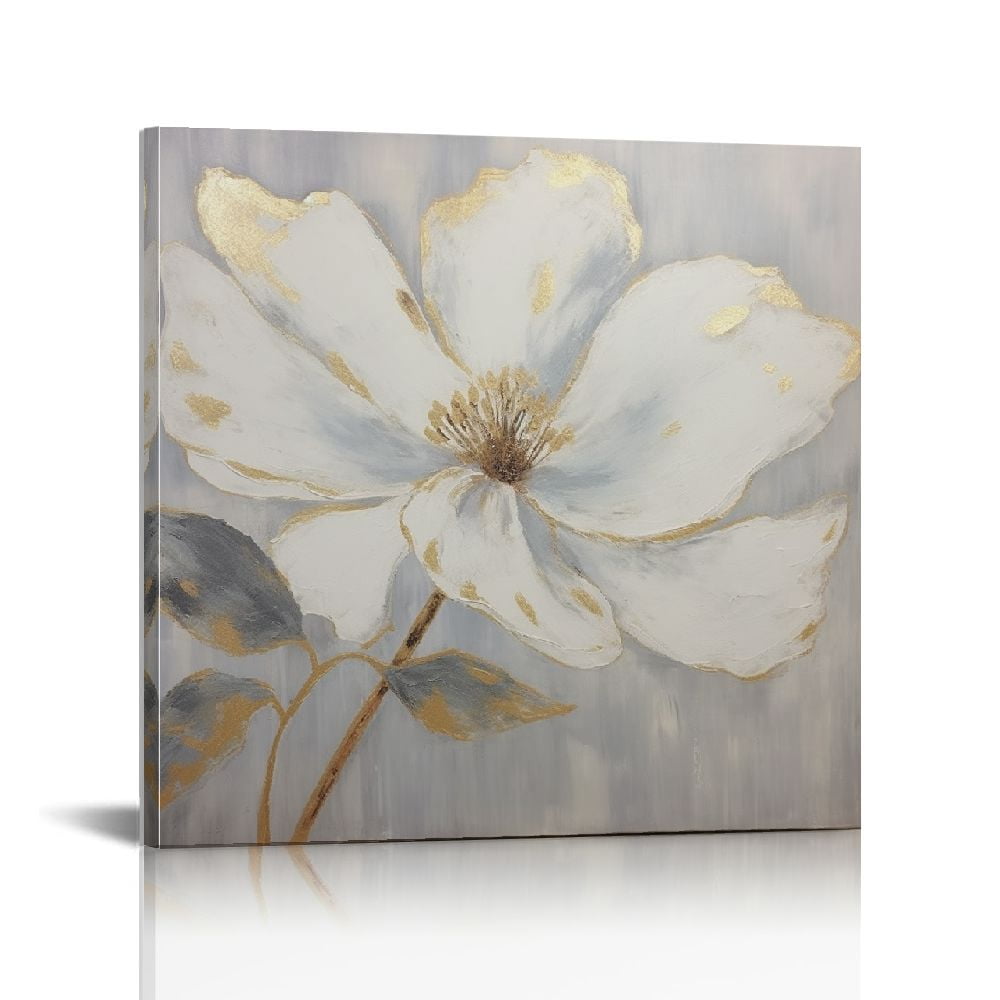 Floral Wall Art Gold Grey Flower Canvas Pictures with Foil