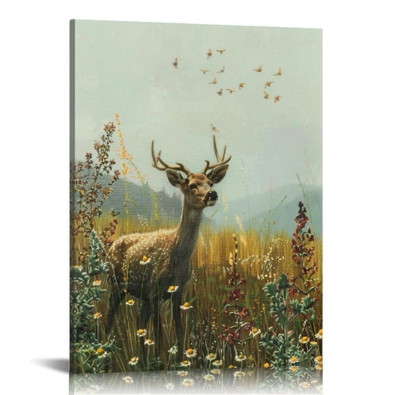 ONETECH Floral Wall Art, Mountains Flower Deer Bathroom Art Decor Aesthetic, Canvas Art, Christmas Vintage Wall Decor for Bedroom Living Room, Office Still Life Paintings Gifts 12x16 in