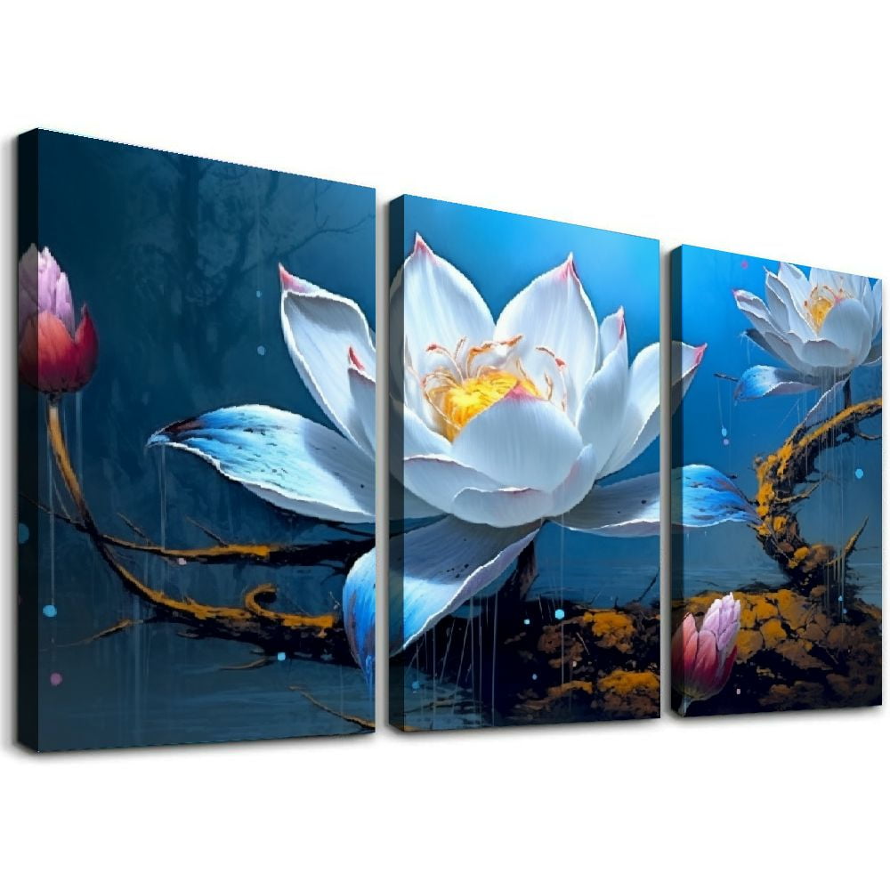 Flower Canvas Wall Art for Living Room, White Lotus Bathroom