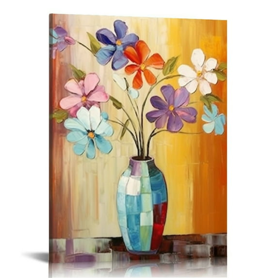 ONETECH Flower Canvas Wall Art Painted Contemporary Colorful Beauty Of Life Floral in Vase Painting Textured Pictures Canvas Wall Decor for Living Room Bedroom Home Decorations