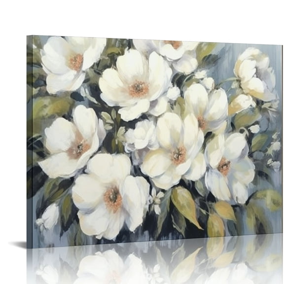 ONETECH  Flowers Blooming Wall Art Framed - White Abstract Nature Floral Textured Canvas Picture Vintage Bouquet Artwork Painting for Living Room Office
