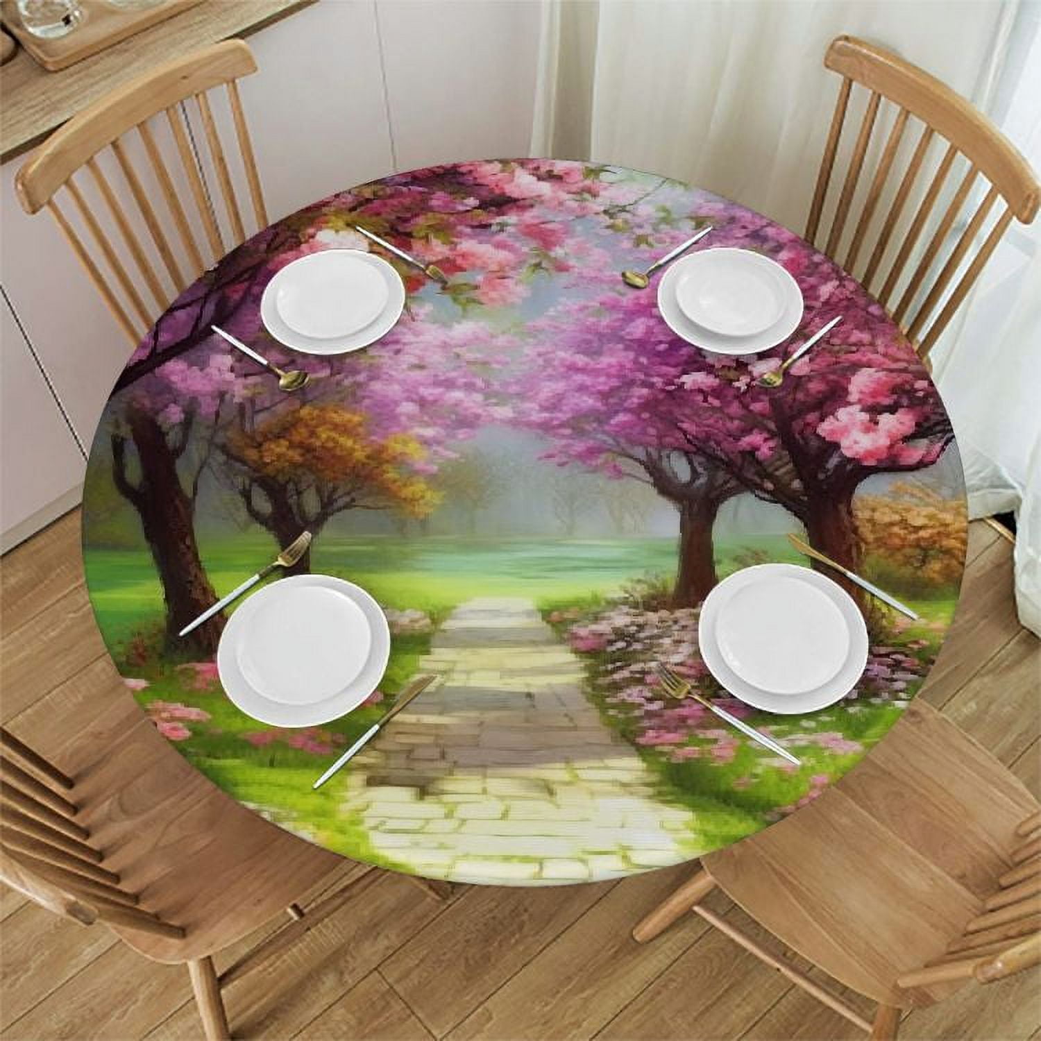 ONETECH Flowers Trees Pathway Round Tablecloth 100% Polyester Fiber ...