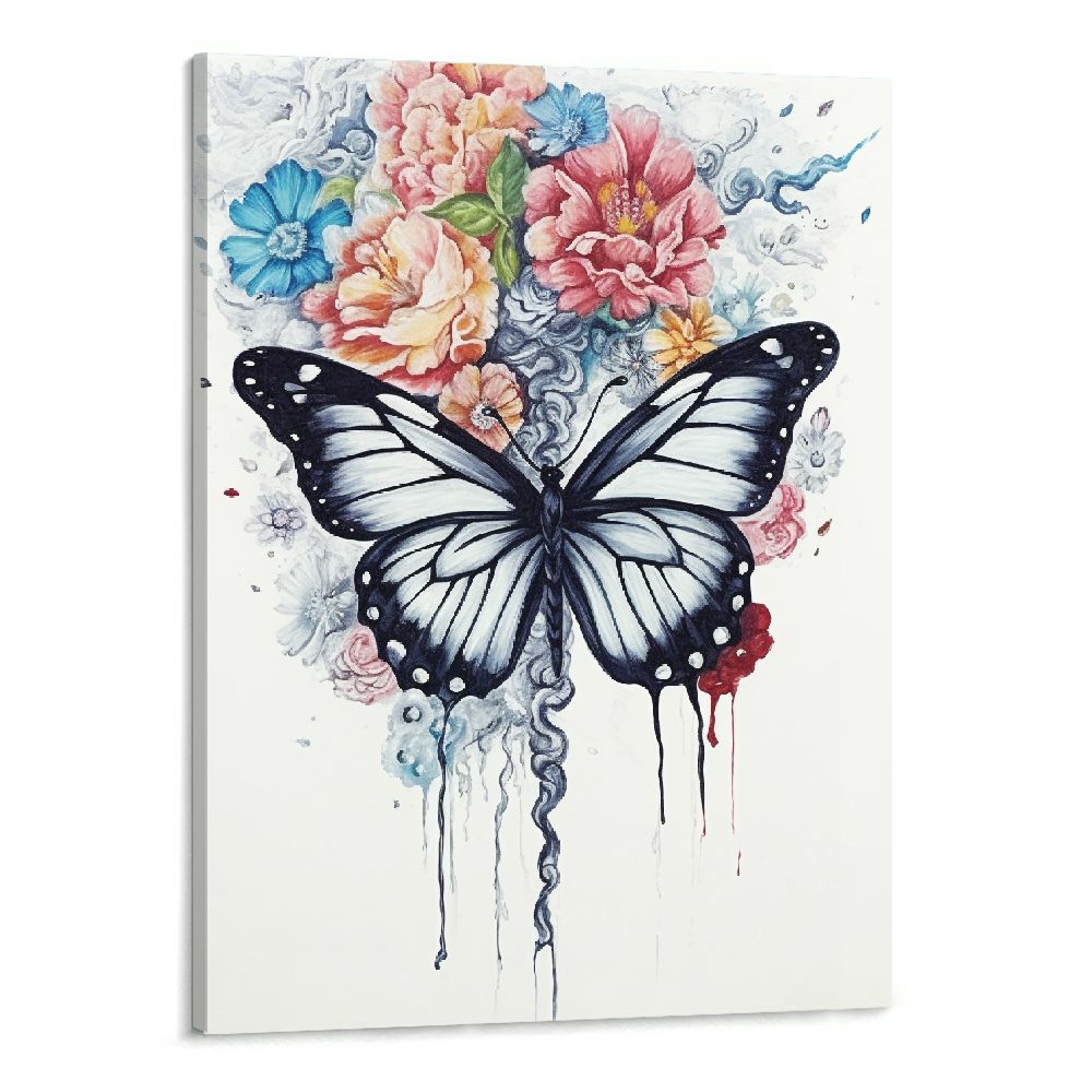 Framed Abstract Butterfly and Floral Canvas Wall Art Tree of