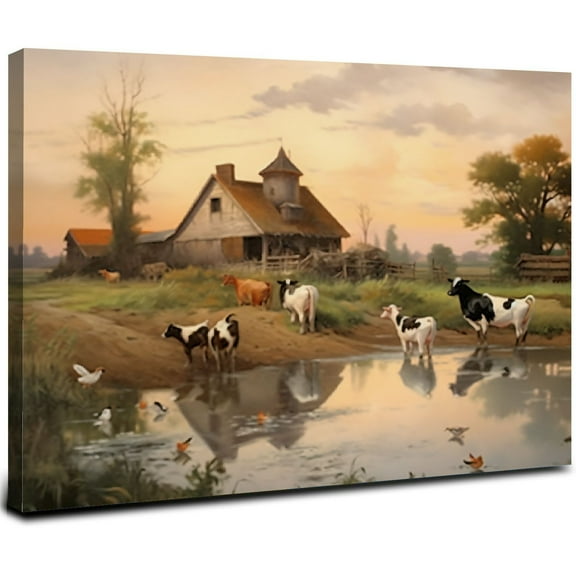 ONETECH Framed American Farm Canvas Wall Art Retro Country Cows Farmhouse Barn Landscape Watercolor Painting Picture Wall Decor Poster Print Artwork for Living Room 20x16inch