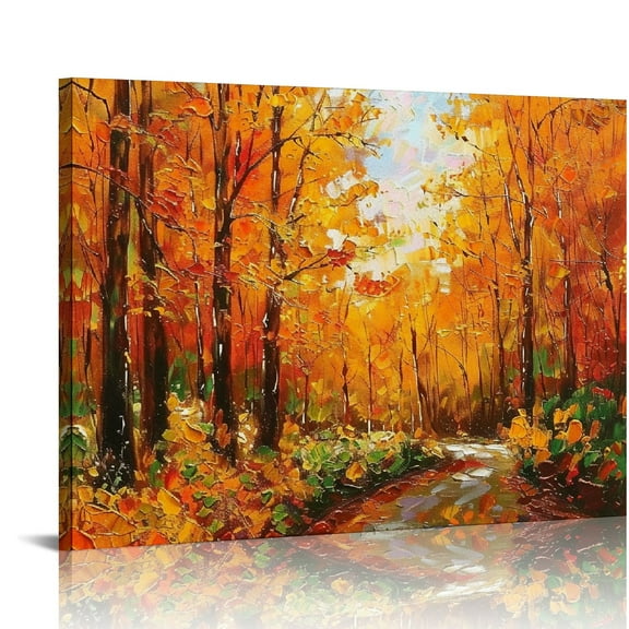 ONETECH  Framed Autumn Maple Leaves Canvas Wall Art Fall Tree Forest Field Landcape Painting Canvas Prints Artwork for Living Room Bedroom Bathroom Home Decor  20x16in