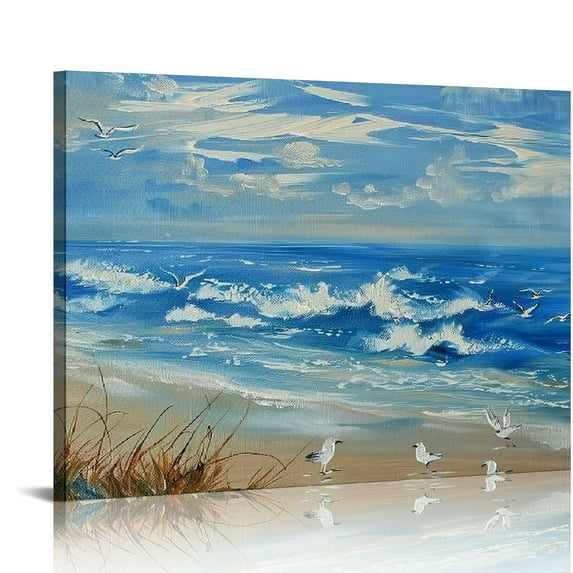 ONETECH Framed Blue Coastal Beach Seagull Bird Paintings Trendy Calming Tropical Ocean Beachy Cool Canvas Wall Art For Living Room Elegant Botanical Bathroom Wall Decor Prints Ready To Hang