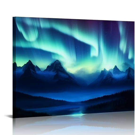 ONETECH Framed Canvas Print Wall Art Blue Aurora Borealis Star Sky Galaxy Mountain Range Nature Wilderness Photography Modern Art Rustic Scenic for Living Room, Bedroom, Office 20\x16\