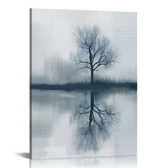 ONETECH Framed Canvas Print Wall Art Pastel Watercolor Dark Winter Tree Landscape Abstract Shapes Illustrations Modern Art Decorative Minimalist Relax/Calm Multicolor for Bedroom 16x20 in