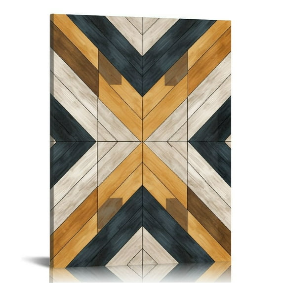 ONETECH Framed Canvas Print Wall Art Western Decor Black, White & Brown Diamond Insignia Abstract Shapes Wood Panels Modern Art Bohemian 3D Ultra for Living Room, Bedroom, 16x20in