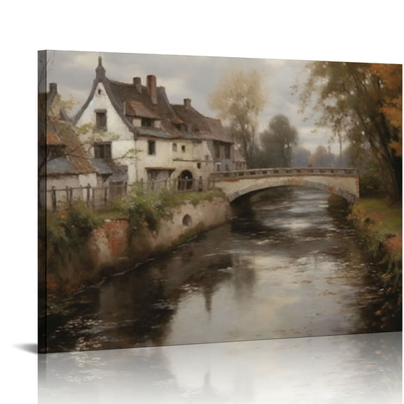 ONETECH Framed Canvas Wall Art Room Decor, Vintage Scenery Office Home Bathroom Decor Wall Art, Classical Oil Painting Small town near La Panne Canvas Prints 16\x12\