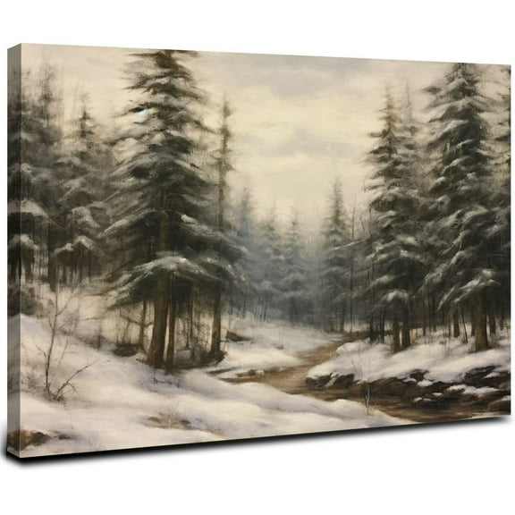 ONETECH  Framed Canvas Wall Art Vintage Print Paintings Winter Pine Tree Forest Christmas Rustic Landscape Country Snow Retro Nature Artwork for Home Living Room Bathroom Wall Decor 16x12inch