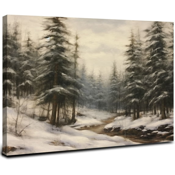 ONETECH Framed Canvas Wall Art Vintage Print Paintings Winter Pine Tree Forest Christmas Rustic Landscape Country Snow Retro Nature Artwork for Home Living Room Bathroom Wall Decor 16x12inch