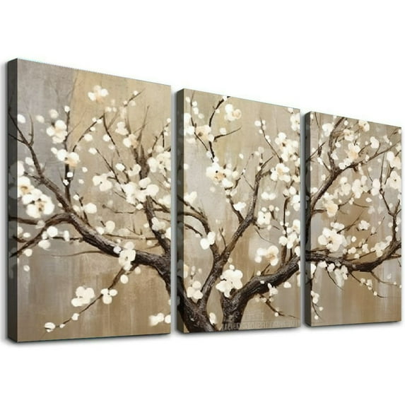 ONETECH Framed Flower Canvas Wall Art Plum Blossom Flowers Canvas Pictures for Living Room Bedroom Wall Decor Abstract Floral Artwork Canvas Prints Home Office Wall Decorations 12''x16''X3 Panels