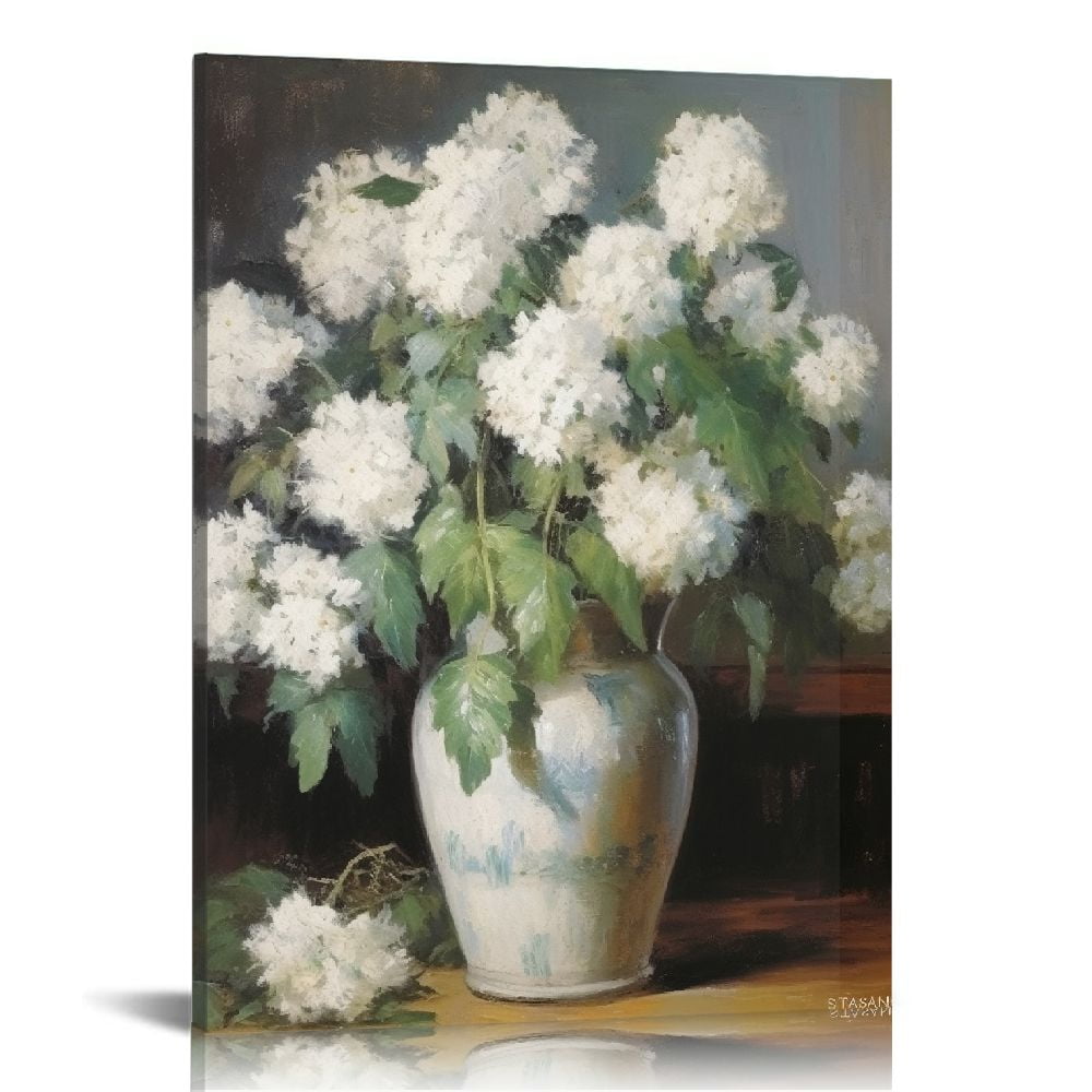 ONETECH Framed Flower Wall Art Home Decor, White Hydrangea Vintage Wall ...
