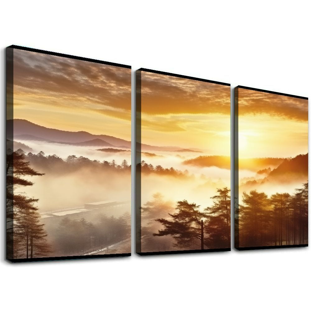 Framed Forest Wall Art Canvas Sunset Landscape Mountain