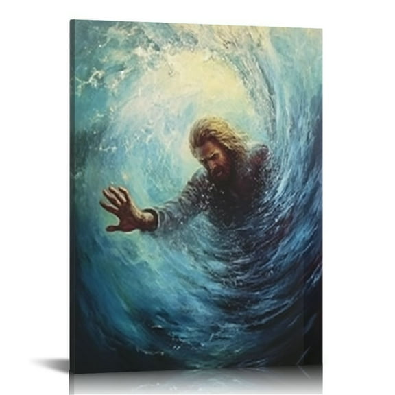 ONETECH Framed Jesus Christian Canvas Wall Art  of God Reaching Into Water Picture Bible Christ Religion Painting Wall Decor Poster Print for Living Room Bathroom Bedroom Decoration  12x16 in