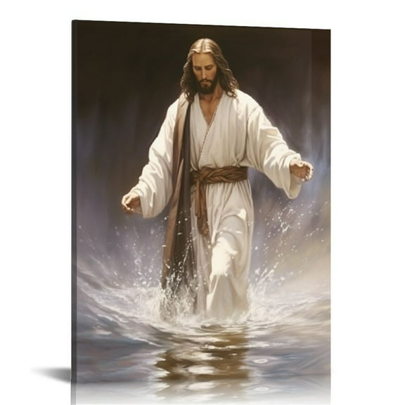 ONETECH Framed Jesus Wall Art Jesus Decor Walking In The Water Canvas Christian Religious Black Jesus Canvas Wall Decoration Bible Picture Poster Printing Living Room Painting Church Ready To Hang.