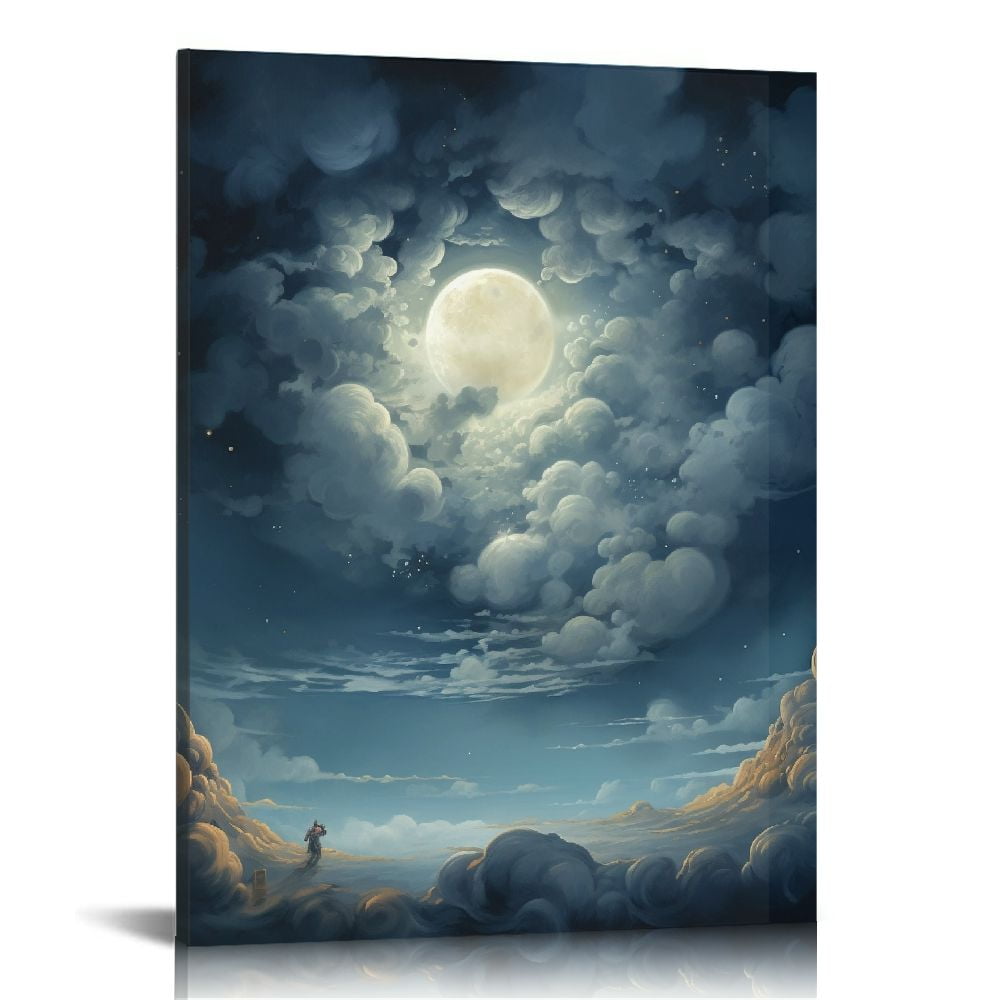 ONETECH Framed Moon Over Ocean Canvas Wall Art Night Sky Full Moon ...
