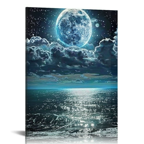 ONETECH Framed Moon Over Ocean Canvas Wall Art Night Sky Full Moon White Cloud Painting Canvas Prints Wall for Living Room Bedroom Bathroom Home Decor Ready to Hang 12x16 in