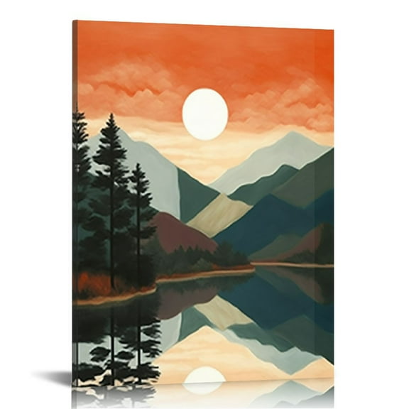 ONETECH  Framed Mountain Canvas Wall Art, Boho Watercolor Poster Prints Painting, Sun Forest Abstract Nature Landscape Artwork Wall Decor for Living Room, Bedroom, Office 12x16 in
