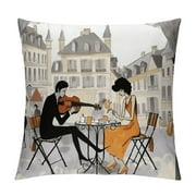 ONETECH  France Throw Pillow Cushion Cover, 2 Ladies in a Paris Cafe in Old Town with Street Musician Urban Theme, Decorative Square Accent Pillow Case, Sand Brown White Peach