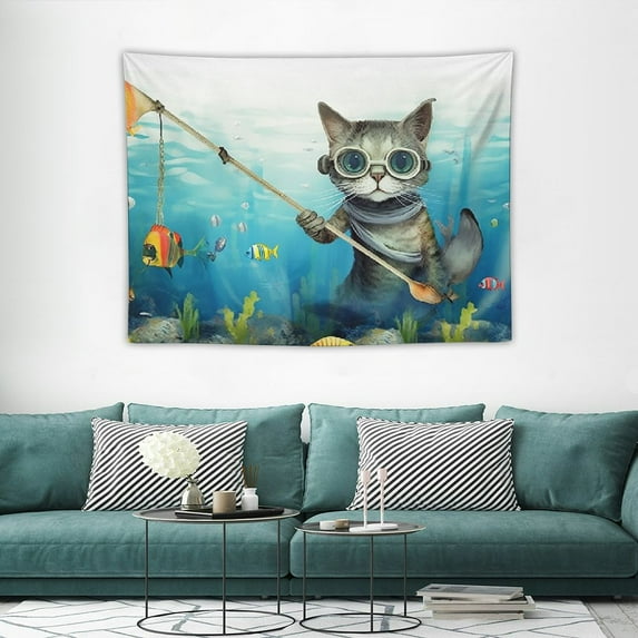 ONETECH Funny Cat Tapestry, Teal Blue Sea Ocean Wall Tapestry with Animal Octopus Starfish Turtle Anchor Fish Nautical Tapestry Wall Hanging Ocean Cute Tapestry College Dorm Home Decor
