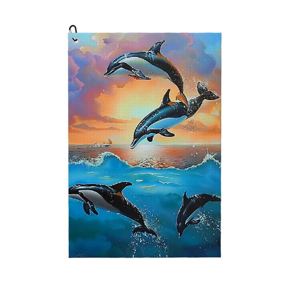 ONETECH Funny Golf Towel for Men 24x16in Dolphins Sunset Colorful Sky 2PC