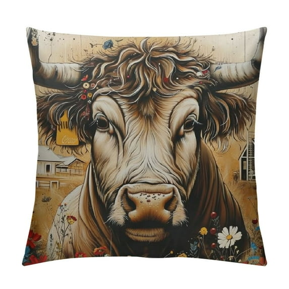 ONETECH  Funny Highland Cow Cattle Farmhouse Vintage Throw Pillow Case Cover Cushion Pillowcase for Sofa Bed Chair Living Room Home Decor