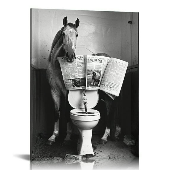 ONETECH Funny Horse Bathroom Canvas Wall Art Black and White Fun Picture Farmhouse Bathroom Wall Decoration Horse Sitting on Toilet Reading Newspaper Bathroom Artwork Horse Art Ready to Hang