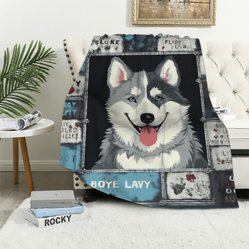 Funny Husky Dog Blanket Soft Cozy Cute Huskie Dog Plush Throw