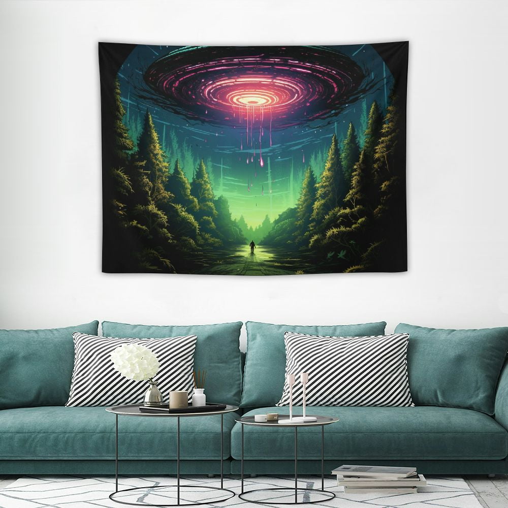 Funny UFO Tapestry, Unique Fun Alien Blue Purple Space Starry