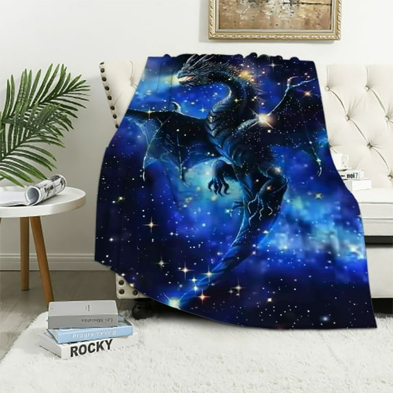ONETECH Galaxy Dragon Sherpa Blanket Chic Outer Space Starry Sky Throw Blanket Jungle Animals Dragon for Bed Soft Couch Children Bedroom Decor Blue Black Plush Blanket Twin