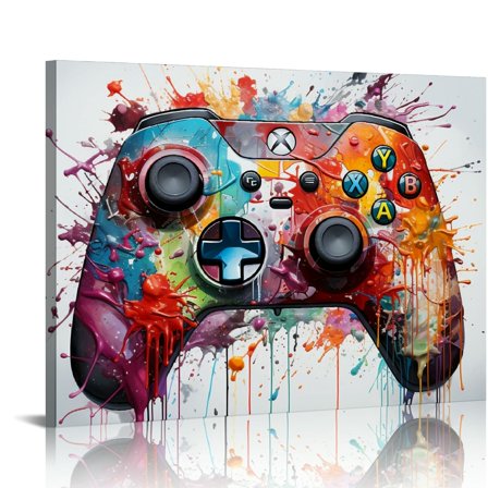 ONETECH Gamer Room Decor Gaming Wall Art Boys Game Room Decor Gamepad Graffiti Painting Framed Canvas Print Play Room Decor Framed Ready to Hang (Shallow Beige)