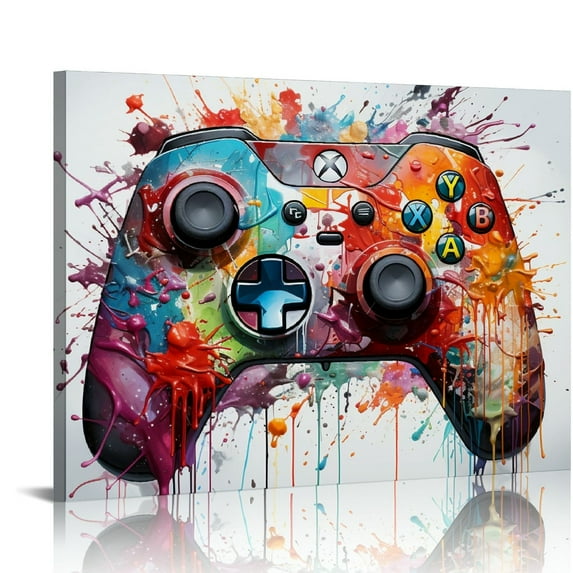 ONETECH Gamer Room Decor Gaming Wall Art Boys Game Room Decor Gamepad Graffiti Painting Framed Canvas Print Play Room Decor Framed Ready to Hang (Shallow Beige)