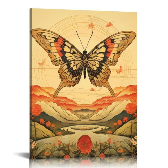 ONETECH Gold and Blue Leaves Canvas Wall Art Modern Abstract Paintings,Red Sun Orange and Gray Background,Popular Style Prints and Artwork for Living Room Bedroom Decoration-