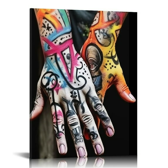 ONETECH Graffiti Paintings Canvas Wall Art Promise Holding Hands Pop Art Posters Prints Abstract Painting Bedroom Wall Decor Modern Giclee Artwork Framed Ready to Hang 16x20in