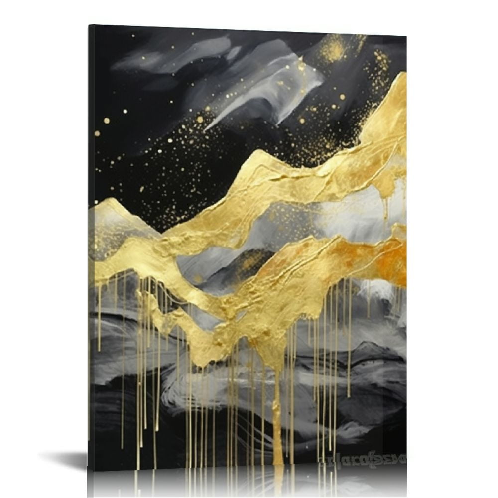 ONETECH Gray Black and Gold Canvas Wall Art Black and Grey Abstract Paintings Black White and ...